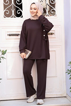 Düğme Detaylı Koyu Kahverengi Tesettür İkili Takım 13261KKH