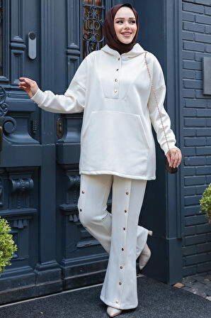 Kapşonlu Ekru Tesettür Scuba İkili Takım 12312E