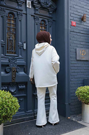 Kapşonlu Ekru Tesettür Scuba İkili Takım 12312E