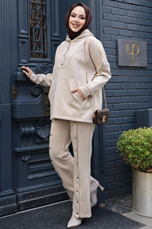 Kapşonlu Bej Tesettür Scuba İkili Takım 12312BEJ
