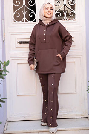 Kapşonlu Kahverengi Tesettür Scuba İkili Takım 12312KH