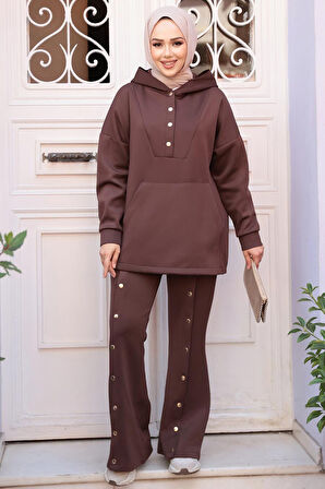 Kapşonlu Kahverengi Tesettür Scuba İkili Takım 12312KH