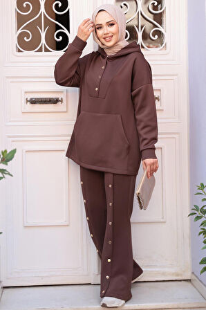 Kapşonlu Kahverengi Tesettür Scuba İkili Takım 12312KH