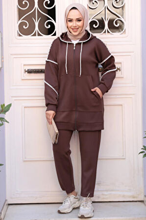 Fermuarlı Koyu Kahverengi Tesettür İkili Takım 12621KKH