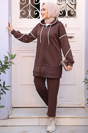 Fermuarlı Koyu Kahverengi Tesettür İkili Takım 12621KKH