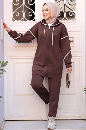 Fermuarlı Koyu Kahverengi Tesettür İkili Takım 12621KKH