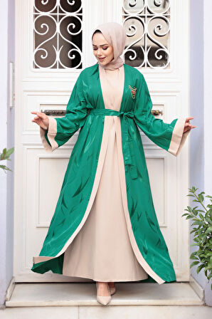 Jakarlı Yeşil Tesettür İkili Abaya 76631Y