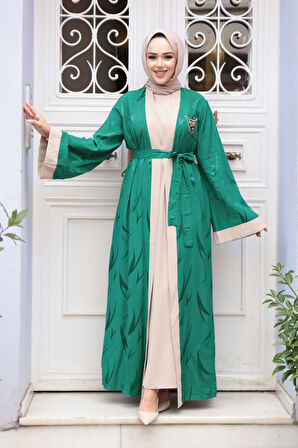 Jakarlı Yeşil Tesettür İkili Abaya 76631Y