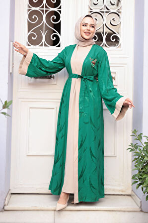 Jakarlı Yeşil Tesettür İkili Abaya 76631Y