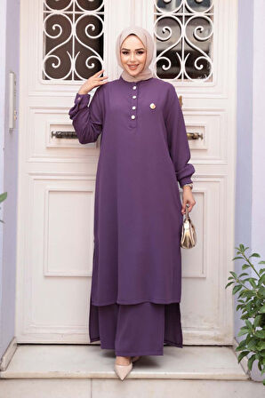 Düğme Detaylı Lila Tesettür İkili Takım 76641LILA