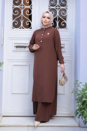 Düğme Detaylı Kahverengi Tesettür İkili Takım 76641KH