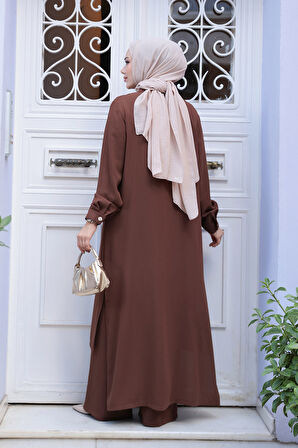 Düğme Detaylı Kahverengi Tesettür İkili Takım 76641KH