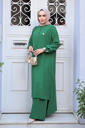 Düğme Detaylı Yeşil Tesettür İkili Takım 76641Y
