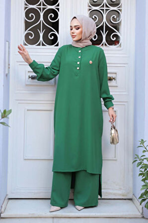 Düğme Detaylı Yeşil Tesettür İkili Takım 76641Y
