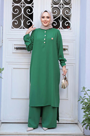 Düğme Detaylı Yeşil Tesettür İkili Takım 76641Y