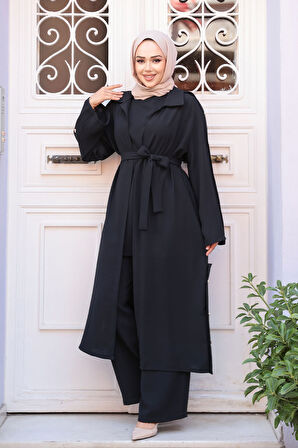 Düğme Detaylı Siyah Tesettür Üçlü Takım 7677S