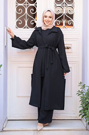 Düğme Detaylı Siyah Tesettür Üçlü Takım 7677S