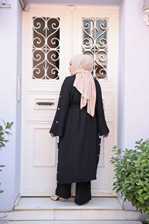 Düğme Detaylı Siyah Tesettür Üçlü Takım 7677S