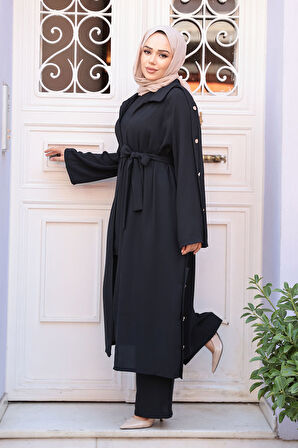 Düğme Detaylı Siyah Tesettür Üçlü Takım 7677S