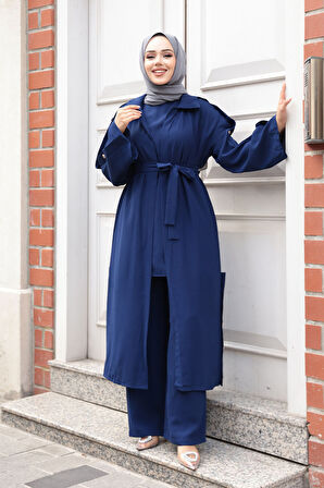 Düğme Detaylı Lacivert Tesettür Üçlü Takım 7677L
