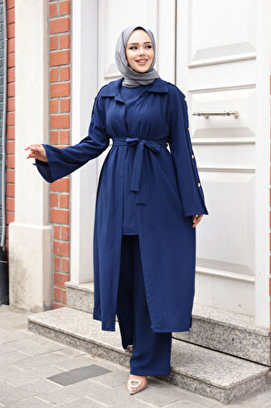 Düğme Detaylı Lacivert Tesettür Üçlü Takım 7677L