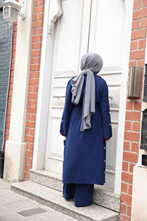 Düğme Detaylı Lacivert Tesettür Üçlü Takım 7677L