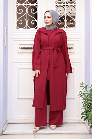 Düğme Detaylı Bordo Tesettür Üçlü Takım 7677BR