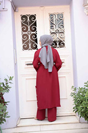 Düğme Detaylı Bordo Tesettür Üçlü Takım 7677BR