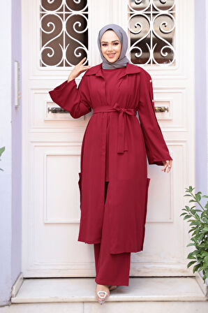 Düğme Detaylı Bordo Tesettür Üçlü Takım 7677BR