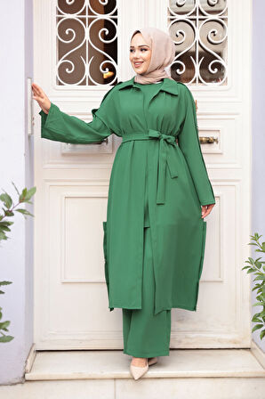 Düğme Detaylı Yeşil Tesettür Üçlü Takım 7677Y
