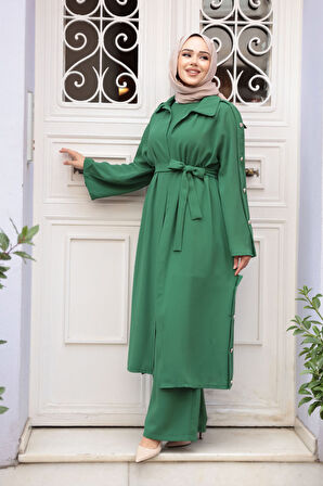 Düğme Detaylı Yeşil Tesettür Üçlü Takım 7677Y