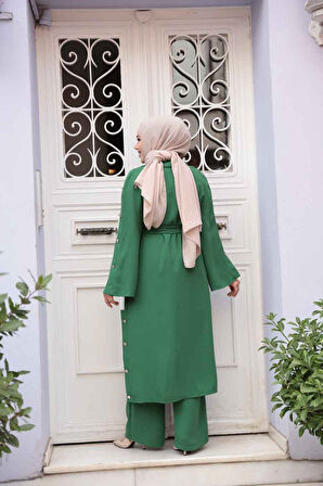 Düğme Detaylı Yeşil Tesettür Üçlü Takım 7677Y