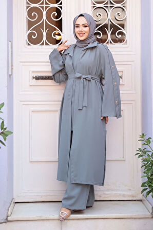 Düğme Detaylı Gri Tesettür Üçlü Takım 7677GR