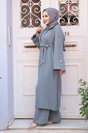 Düğme Detaylı Gri Tesettür Üçlü Takım 7677GR