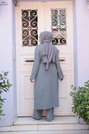 Düğme Detaylı Gri Tesettür Üçlü Takım 7677GR