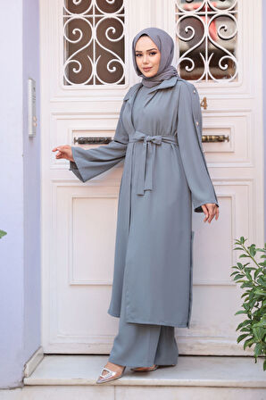 Düğme Detaylı Gri Tesettür Üçlü Takım 7677GR