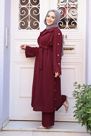 Düğme Detaylı Koyu Bordo Tesettür Üçlü Takım 7677KBR
