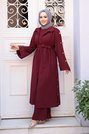 Düğme Detaylı Koyu Bordo Tesettür Üçlü Takım 7677KBR