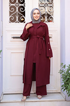 Düğme Detaylı Koyu Bordo Tesettür Üçlü Takım 7677KBR
