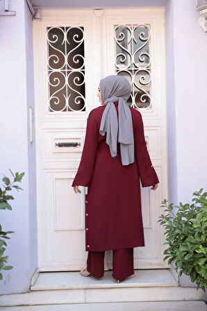 Düğme Detaylı Koyu Bordo Tesettür Üçlü Takım 7677KBR