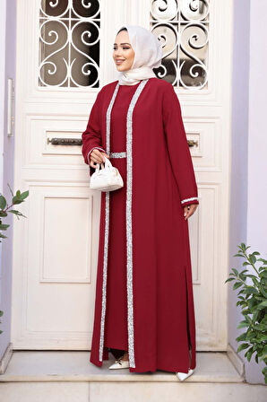 Elbiseli Bordo Tesettür İkili Takım 76852BR
