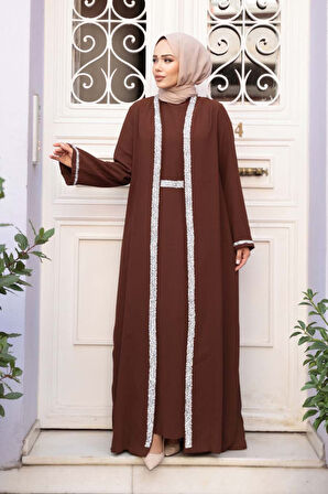 Elbiseli Kahverengi Tesettür İkili Takım 76852KH