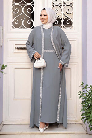 Elbiseli Gri Tesettür İkili Takım 76852GR