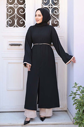 Yırtmaç Detaylı Siyah Tesettür İkili Takım 76112S