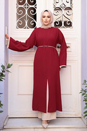 Yırtmaç Detaylı Bordo Tesettür İkili Takım 76112BR
