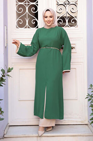 Yırtmaç Detaylı Yeşil Tesettür İkili Takım 76112Y