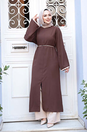 Yırtmaç Detaylı Kahverengi Tesettür İkili Takım 76112KH
