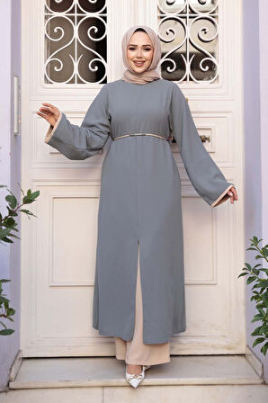 Yırtmaç Detaylı Gri Tesettür İkili Takım 76112GR