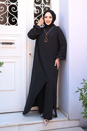 Asimetrik Detaylı Siyah Tesettür İkili Takım 76321S