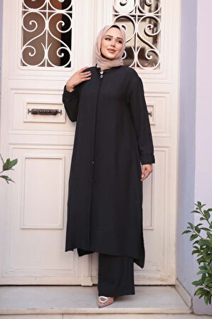 Düğmeli Siyah Tesettür Üçlü Takım 76591S